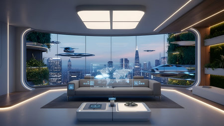 3D rendering of a modern living room with a view of the city