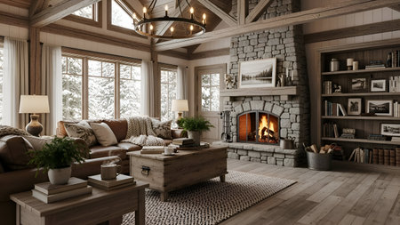 Interior of a living room with fireplace. 3D rendering.