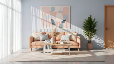 interior modern bright room with brown sofa 3D rendering illustration computer generated image