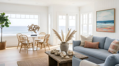 A serene coastal living room with a beach view. The room features a comfortable blue sofa adorned with decorative pillows, a wooden coffee table with a vase of dried grasses, and a set of wicker chairs around a small table. The walls are decorated with a painting of the beach, and a large window offers a picturesque view of the ocean. The space is bright and airy, with natural light flooding in, creating a tranquil and inviting atmosphere.の素材