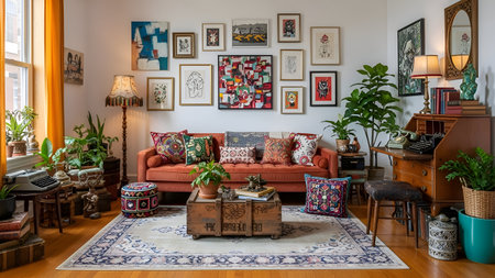 This image depicts a lively and colorful living room adorned with eclectic decor. The room features a variety of vibrant cushions on the sofa, numerous framed artworks on the walls, and an assortment of potted plants. A wooden coffee table sits in the center, surrounded by comfortable seating arrangements. The space is further enhanced by a large area rug, vintage furniture, and warm lighting from table lamps.の素材