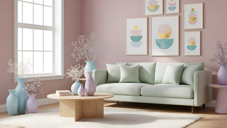 A modern living room with a pastel color scheme. The room features a light green sofa, a wooden coffee table, and pastel-colored vases with white flowers. The walls are adorned with colorful abstract art prints, and the window allows natural light to fill the space. The overall ambiance is cozy and contemporary.の素材