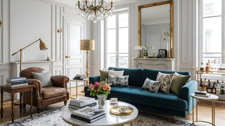 This image depicts a sophisticated living room with classic decor. The room features a plush blue sofa adorned with decorative pillows, a vintage armchair, and a coffee table with an assortment of books and a floral arrangement. The space is illuminated by a grand chandelier and a standing lamp, while a large mirror above the fireplace enhances the room's elegance. The walls are painted in a light color, and the floor is covered with an ornate rug, contributing to the overall refined atmosphere.の素材