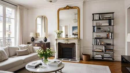 This image showcases an elegant living room with classic decor. The room features a large, ornate mirror above a marble fireplace, flanked by two smaller mirrors. A comfortable white sofa sits against one wall, with a coffee table in front adorned with books and a vase of flowers. To the right, a tall bookshelf holds an assortment of books and decorative items. The room is illuminated by natural light streaming in from a large window, creating a warm and inviting atmosphere.の素材