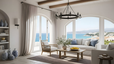 This image depicts a serene and elegant living room with a stunning ocean view. The room features a neutral color palette with white walls and light-colored furniture. A large arched window allows natural light to flood the space, highlighting the beautiful seascape outside. The room is adorned with a chandelier, a comfortable sofa, and a coffee table. Decorative elements include a patterned rug, potted plants, and blue and white decorative items that complement the coastal theme. The overall ambiance is calm and inviting, perfect for relaxation and enjoying the scenic view.の素材