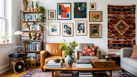 Interior of a modern living room with armchair, bookshelf, coffee table, books and other itemsの素材