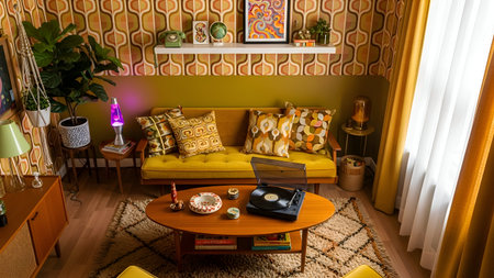 A warm and inviting living room featuring retro furniture, colorful cushions, and vintage decor elements.の素材