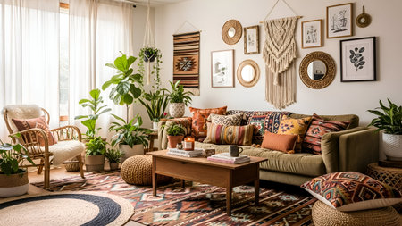 A warm and inviting living room featuring a bohemian style with plush seating, vibrant textiles, and an array of decorative elements.の素材