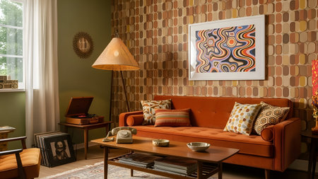 A warm and inviting living room featuring retro furniture, patterned wallpaper, and vintage decor elements.の素材