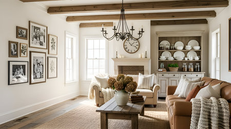 A sophisticated living room featuring classic decor, a stunning chandelier, and comfortable seating area with a coffee table and framed artwork on the walls.の素材