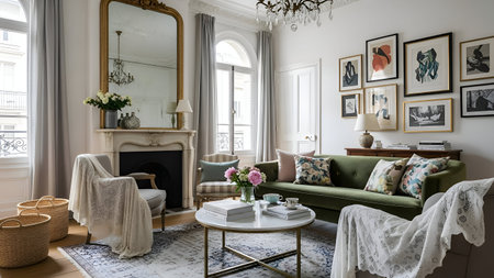 A charming living room featuring vintage furniture, a fireplace, and numerous decorative items, creating a warm and inviting atmosphere.の素材