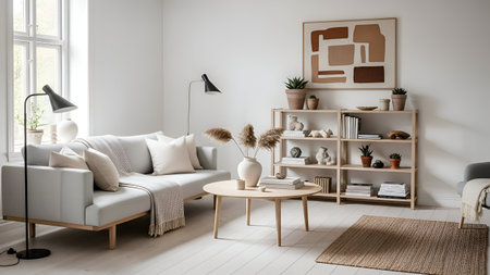 A bright and inviting living room featuring a comfortable sofa, wooden shelves, and natural decor, creating a warm and welcoming atmosphere.の素材
