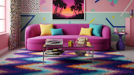 A lively living room featuring a pink sofa, colorful pillows, a multicolored rug, and tropical-themed wall art, creating a cheerful and inviting atmosphere.の素材