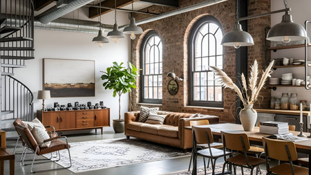 Spacious and stylish industrial loft featuring large windows, wooden furniture, and a cozy ambiance.の素材