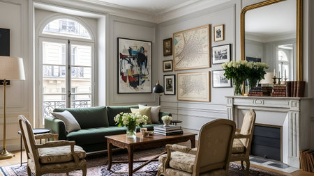 A sophisticated living room featuring a classic fireplace, comfortable sofas, and tasteful decor, including framed artwork and lush plants.の素材