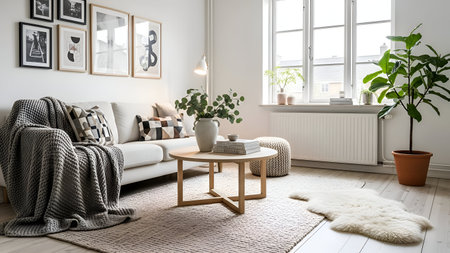 A cozy and stylish living room featuring a white sofa, wooden coffee table, and various potted plants, enhanced by natural light from large windows.の素材