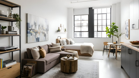 Spacious and stylish living room featuring a large sectional sofa, coffee table, and ample natural light from large windows, complemented by contemporary decor and a cozy rug.の素材