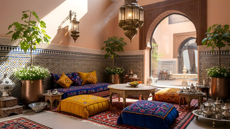 A beautifully decorated Moroccan living room featuring colorful cushions, ornate lanterns, and traditional rugs, creating a warm and inviting atmosphere.の素材