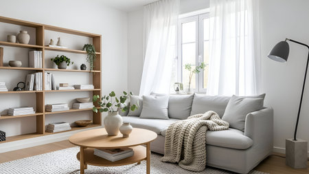 A bright and inviting living room featuring a comfortable grey sofa, wooden coffee table, and natural light streaming through large windows.の素材