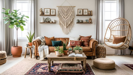 A vibrant and inviting bohemian living room featuring a woven hanging chair, a rustic coffee table, and colorful cushions, perfect for relaxation and socializing.の素材