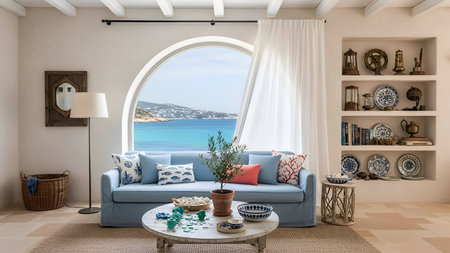 A stylish living room features a large arched window offering a breathtaking ocean view. The room is adorned with contemporary furniture, decorative plates, and a cozy atmosphere.の素材