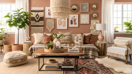 A warm and inviting living room featuring bohemian-style decor, including a variety of plants, cushions, and wall art.の素材