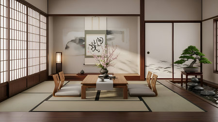 A serene and traditional Japanese living room featuring tatami mats, a low wooden table, and a bonsai tree, creating a peaceful and harmonious atmosphere.の素材