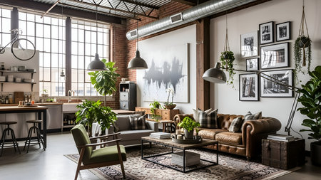 A spacious, well-lit urban loft featuring eclectic decor, vibrant plants, and comfortable seating areas, perfect for contemporary living.の素材