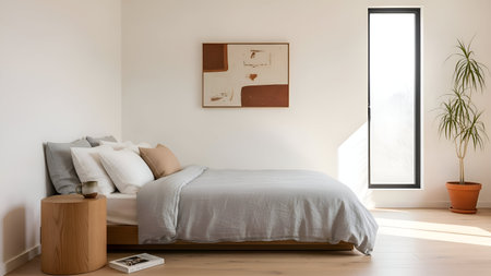 A serene and modern bedroom featuring a minimalist design with a comfortable bed, wooden nightstands, and a touch of greenery.の素材