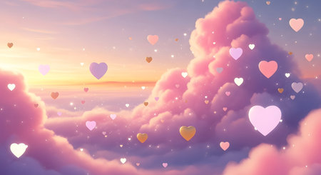 dreamy sky with pink clouds and floating heartsの素材