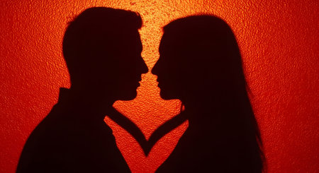 silhouette of a couple kissing against red backgroundの素材