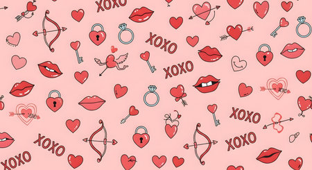 cute valentine pattern with hearts, lips, and bowsの素材