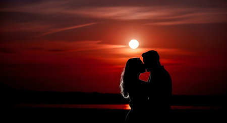 couple kissing at sunset with red sky and sunの素材
