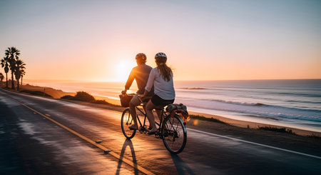 couple riding tandem bicycle by the ocean at sunsetの素材