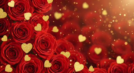 romantic red roses with golden hearts and bokeh lightsの素材
