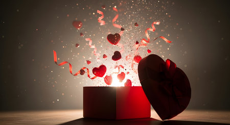 surprise gift box with hearts and confetti exploding outの素材