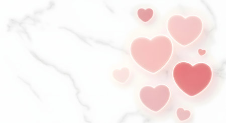 scattered pink hearts on a white marble backgroundの素材