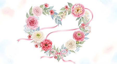 heart shape floral arrangement with pink ribbonの素材