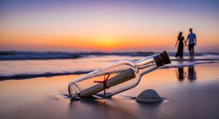 message in a bottle on beach at sunsetの素材
