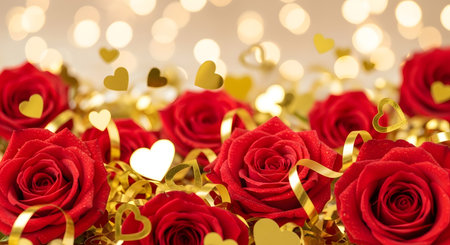 red roses and golden hearts with bokeh lights backgroundの素材