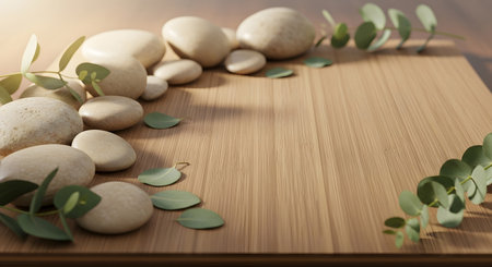smooth stones and eucalyptus leaves on wooden surfaceの素材