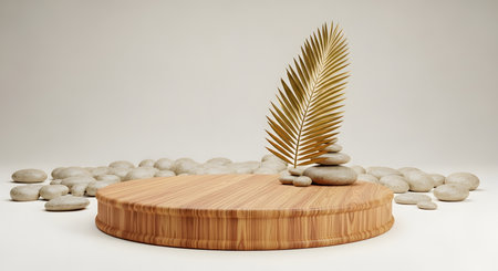 zen podium with golden leaf and stacked stoneの素材