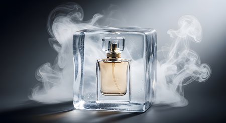 Perfume bottle with steam on dark background. 3d renderingの素材