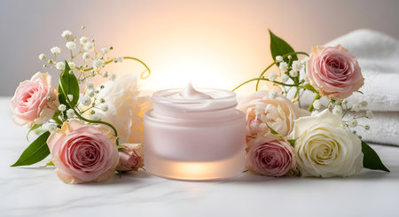 ar of cream with pink and white roses and babys breathの素材