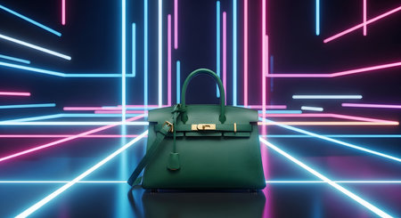 3d rendering of a woman bag in front of a neon backgroundの素材