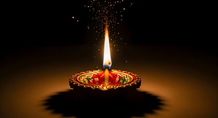 Indian festival Diwali, Diya oil lamps lit on colorful rangoli. Hindu traditional. Copy space for text.の素材