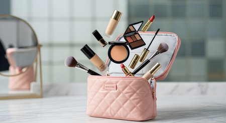 Makeup bag with cosmeticsle table in dressing room, closeupの素材