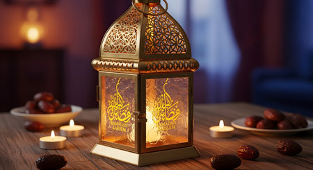 Ramadan Kareem lantern with dates and burning candles on wooden tableの素材