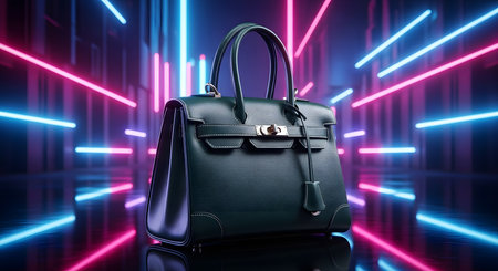 Black leather bag on a dark background with neon lights. 3d renderingの素材