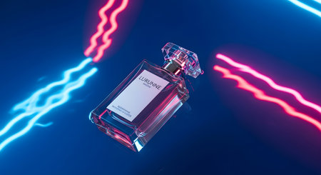 Perfume bottle on a dark background. 3d illustration.の素材